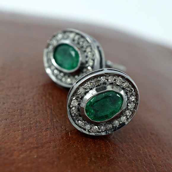 Natural Emerald Pave Diamond 925 Silver Oval Stud Earrings Jewelry EA-473SWD