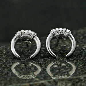 Genuine Pave Diamond Double Horn Stud Earrings 925 Sterling Silver Jewelry Studs