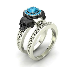 1.6Ct Blue Round Cut Black Skull Engagement Ring Wedding Band Sterling Silver