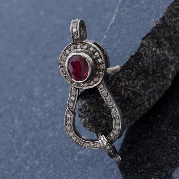 Natural Red Ruby Pave Diamond 925 Silver Clasp Lobster Claw Finding Jewelry FI-6