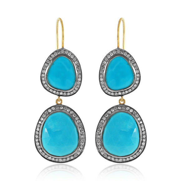 Blue Turquoise Diamond 925 Silver Gold Plated Dangle Earrings Jewelry EAMJ-953