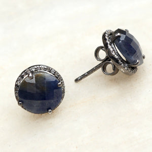 Natural Pave Diamond Blue Sapphire Stud Earrings 925 Silver Gemstone Jewelry