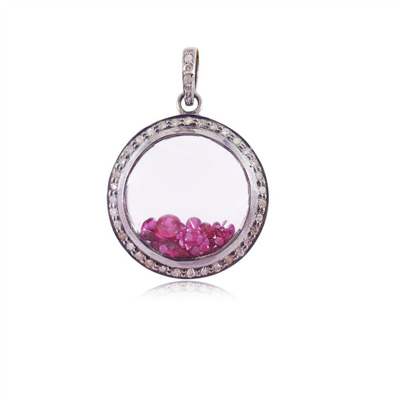 White Crystal Pink Tourmaline 925 Silver Pave Diamond Shaker Pendant Jewelry