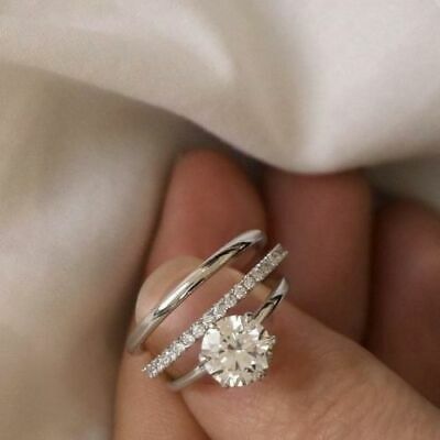 2.05Ct Round Cut Moissanite Engagement 2 Matching Band Ring Solid 14k White Gold