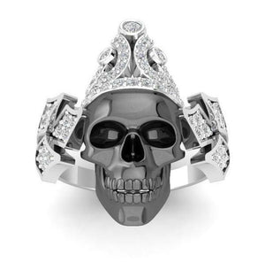 Gothic Style Black Skull Crown Design Engagement Wedding Ring Sterling Silver