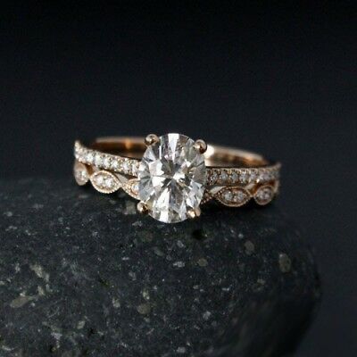 2.15Ct Certified Oval Cut Real Moissanite Engagement Ring Set 14k Rose Gold over