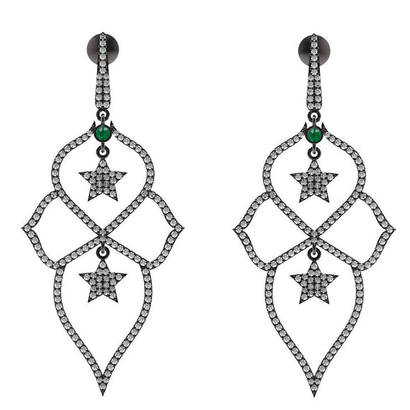 Natural Pave Set Diamond Emerald 925 Silver Floral Star Dangle Earrings Jewelry