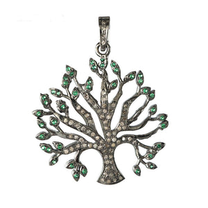 Natural Tsavorite Diamond 925 Silver Tree Of Life 18" Chain Pendant PEMJOS-762