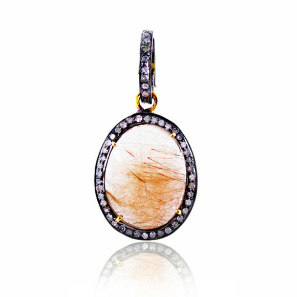 Fine 925 Silver Golden Rutile Quartz Oval Gemstone Pave Diamond Pendant Jewelry