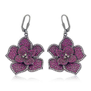 Natural Pave Red Ruby Diamond 925 Solid Silver Flower Earrings Jewelry EAMJ-586