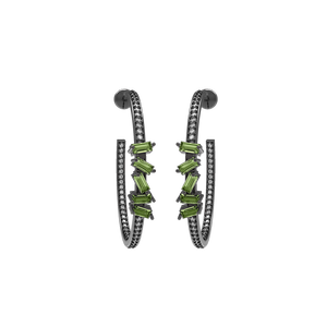 Pave Diamond Baguette Cut Peridot Hoop Earrings Silver Gemstone Wedding Jewelry