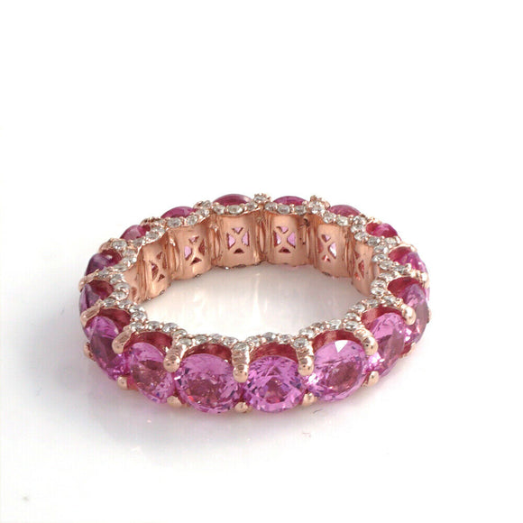 Solid 14k Rose Gold Pink Sapphire Band Ring Genuine Pave Diamond Wedding Jewelry