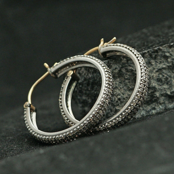 1.75 Ct Natural Pave Diamond Hoop Earrings 925 Silver Vintage Wedding Jewelry