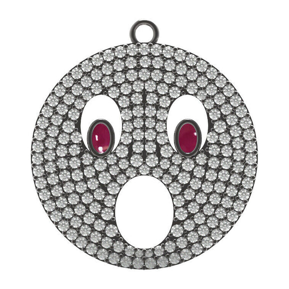 Genuine Pave Diamond Ruby Eyes WOW Emoji Pendant Sterling Silver Jewelry GIFTS