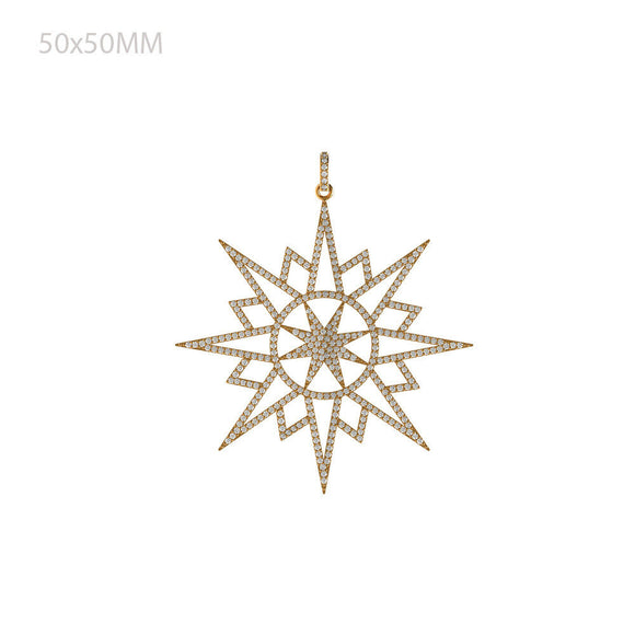 14k Yellow Gold Pave Setting White Diamond Starburst Handmade Pendant Jewelry