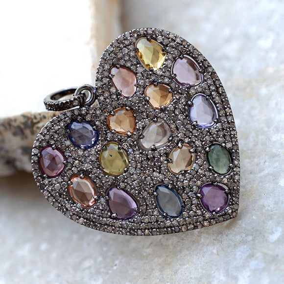 925 Solid Silver Natural Multi Sapphire Pave Diamond Heart Pendant LOVE Jewelry