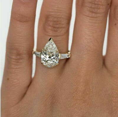 14k Yellow Gold Over 2.57 Ct Off White Pear Moissanite Engagement Wedding Ring