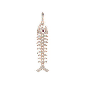 14k Rose Gold Natural Pave Diamond Ruby Fish Skeleton Handmade Pendant Jewelry