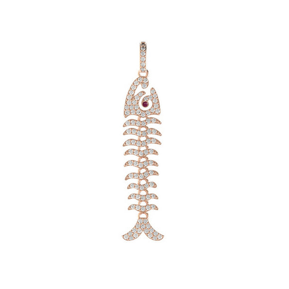 14k Rose Gold Natural Pave Diamond Ruby Fish Skeleton Handmade Pendant Jewelry