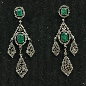 14k Gold Baguette Diamond Emerald Dangle Earrings 925 Silver Handmade Jewelry