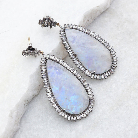 Natural Baguette Diamond Moonstone Drop Dangle Earrings 14kt Gold Silver Jewelry