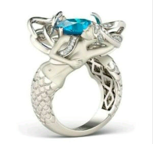 Beautiful Mermaid engagement ring with sky blue stone unique Design 925 silver