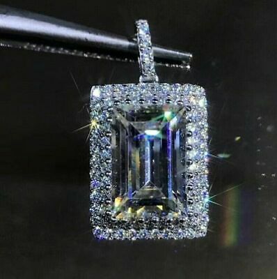 2.65 Ct Emerald Cut Moissanite Diamond Halo Classic Pendant Solid 14K White Gold