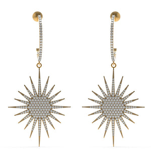 14k Yellow Gold Genuine Pave Diamond Handmade Starburst Dangle Earrings Jewelry