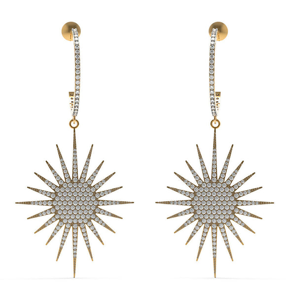 14k Yellow Gold Genuine Pave Diamond Handmade Starburst Dangle Earrings Jewelry