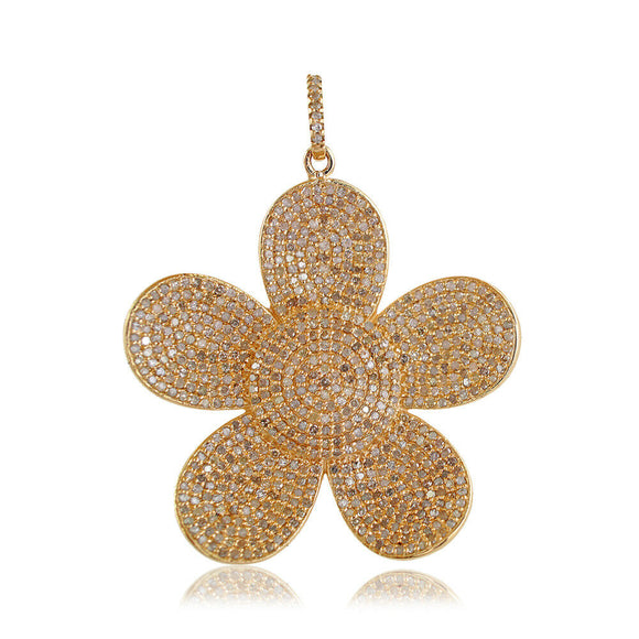 14k Solid Yellow Gold 3.961cts Natural Pave Diamond Flower Pendant Fine Jewelry