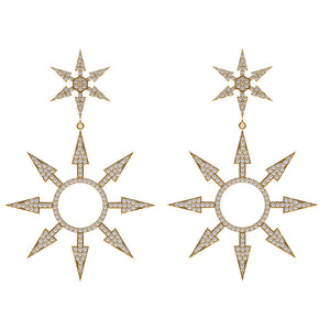 Solid 14k Yellow Gold Natural Pave Diamond Starburst Dangle Earrings Jewelry