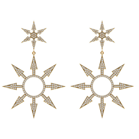 Solid 14k Yellow Gold Natural Pave Diamond Starburst Dangle Earrings Jewelry