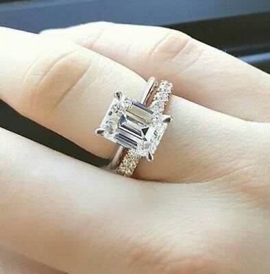 2.30 Ct Moissanite White Emerald Cut 14K White Gold over Engagement Ring set