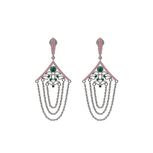 Pave Ruby Emerald Gemstone .925 Silver Chain Dangle Antique Earrings Jewelry