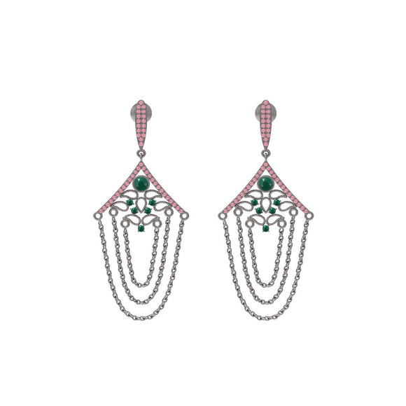 Pave Ruby Emerald Gemstone .925 Silver Chain Dangle Antique Earrings Jewelry