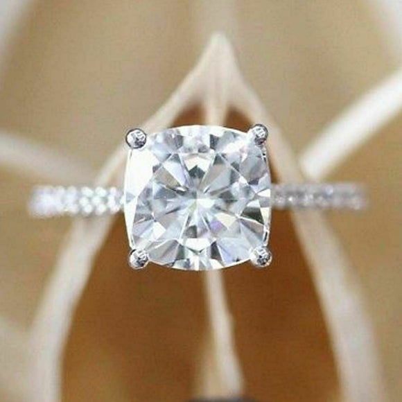 Cushion Moissanite Solitaire Wedding Engagement Ring Solid 10K White Gold 2Ct