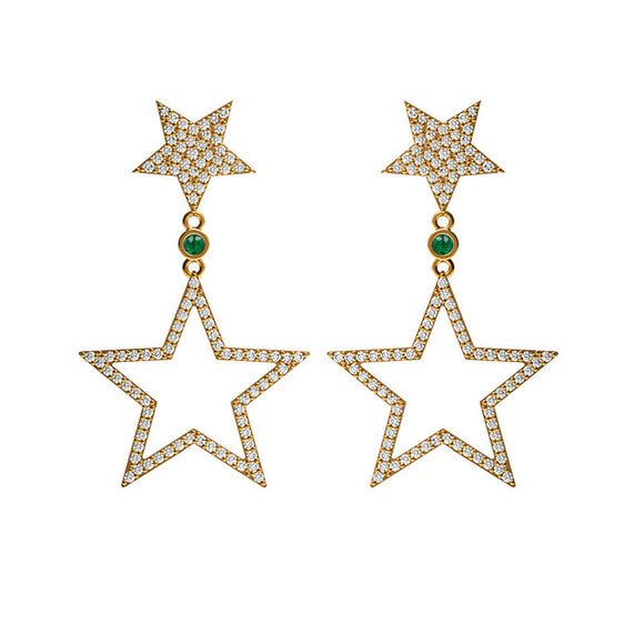 14k Yellow Gold Natural Pave Diamond Emerald Star Dangle Earrings Womens Jewelry