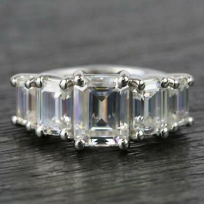 4.50Ct Emerald Cut Moissanite 5 Stone Solitaire Engagement Ring 14k White Gold