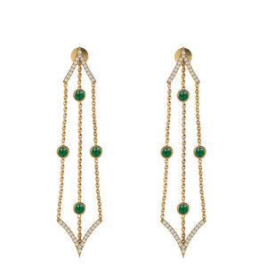 14k Yellow Gold Pave White Diamond Green Emerald Dangle Vintage Earrings Jewelry