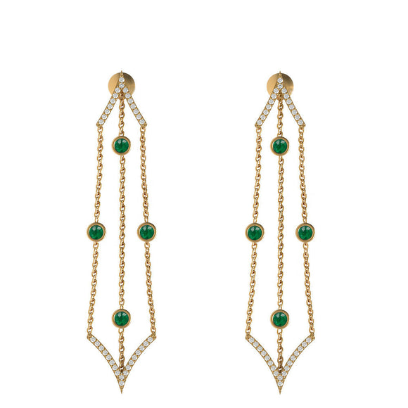 14k Yellow Gold Pave White Diamond Green Emerald Dangle Vintage Earrings Jewelry