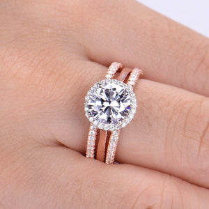 Diamond Engagement Ring Halo Style 2.10 Ct Solitaire Wedding Ring Trio Set 10k