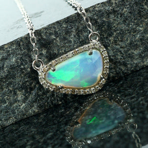 Genuine Ethiopian Opal Gemstone Pendant 925 Silver Pave Diamond Necklace Jewelry