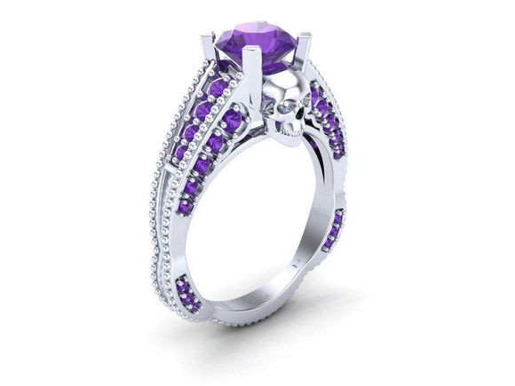 2.4 Ct Purple Round Cut Skull Engagement Wedding Ring Solid 925 Sterling Silver