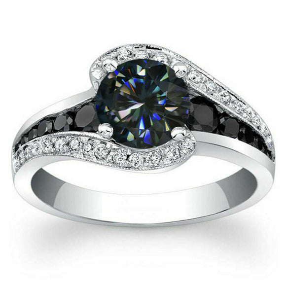 2.00 ct Black Blue Color Engagement Ring Moissanite Solid 14K white Gold Size 7