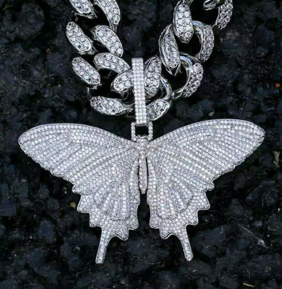 Lucky Butterfly Pendant 24 inch chain Diamond Studded Solid Sterling Silver