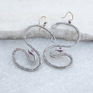 925 Silver 14k Gold Natural Pave Diamond Ruby Eyes Snake Earrings Animal Jewelry