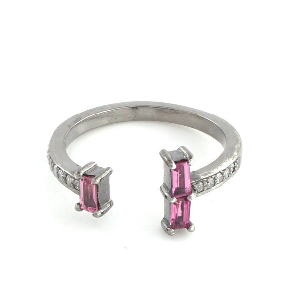 Sterling Silver Baguette Pink Tourmaline Cuff Ring Pave Diamond Vintage Jewelry