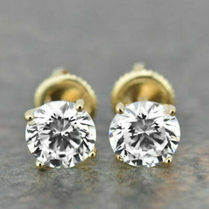 2.00 CT Round Cut Solitaire Diamond Women's Stud Earrings 14K Yellow Gold