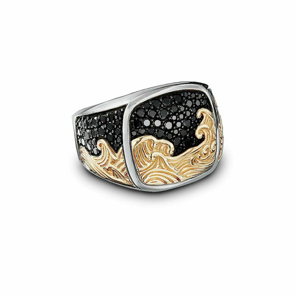 David Yurman WAVES SIGNET RING WITH BLACK DIAMONDS AND 18K YELLOW GOLD OVER