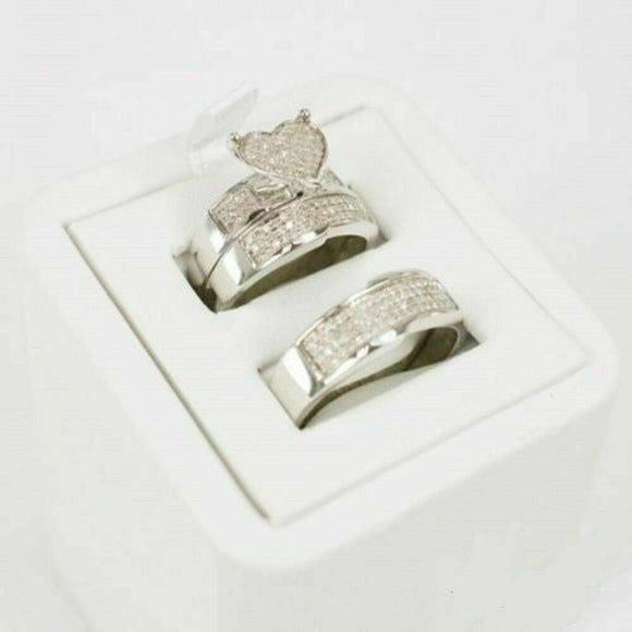 14k White Gold Fn Diamond His & Her Engagement Bridal Wedding Band Trio Ring Set